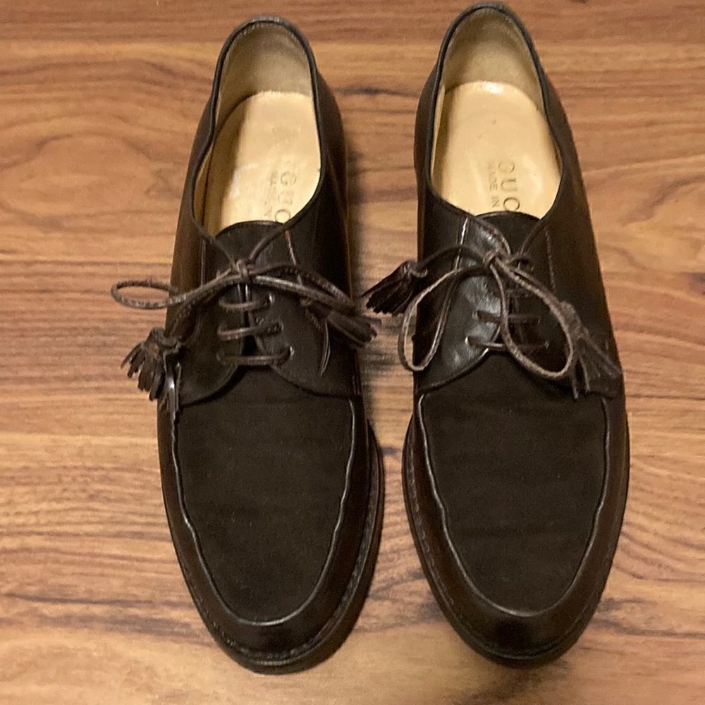 Gucci Brown Leather & Suede Lace-Up Flats Loafers
